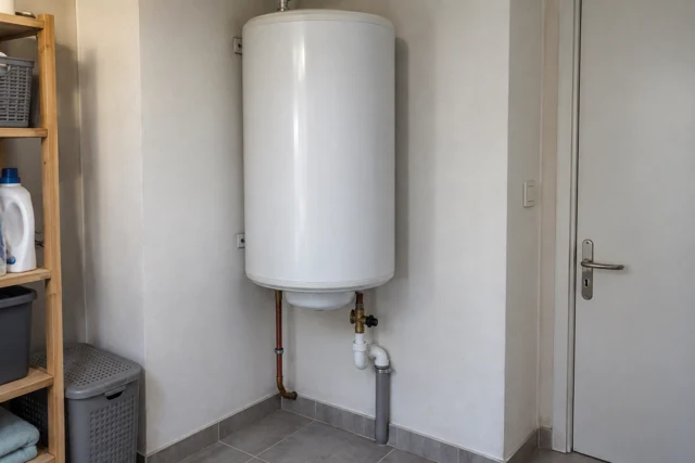 Ballon d’eau chaude électrique blanc dans une pièce de service