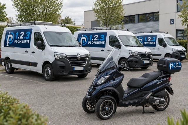 Trois camionnettes blanches et un scooter trois roues portant le logo 1.2.3 Plomberie