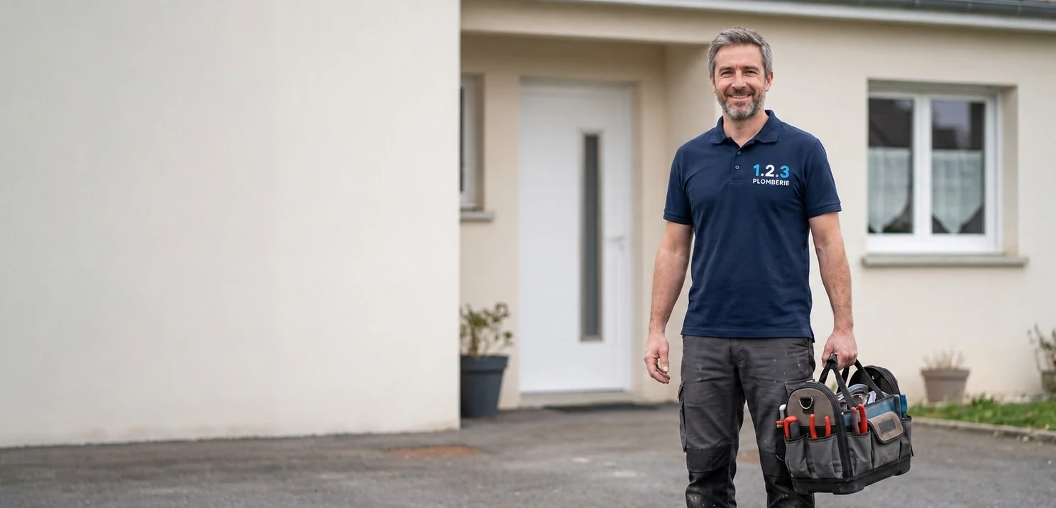 Artisan plombier avec son sac à outils devant une maison