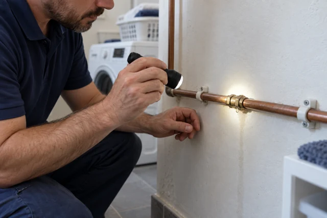 Plombier inspectant à la lampe un raccord humide sur une canalisation en cuivre