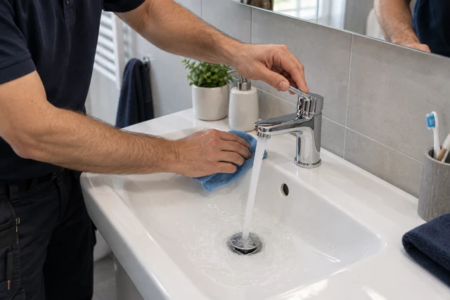 Plombier vérifiant un mitigeur chromé sur un lavabo blanc