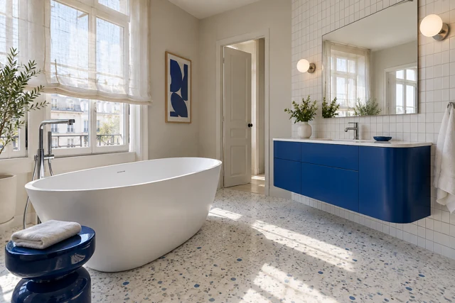 Inspiration de salle de bain avec baignoire îlot, meuble bleu cobalt et sol en terrazzo
