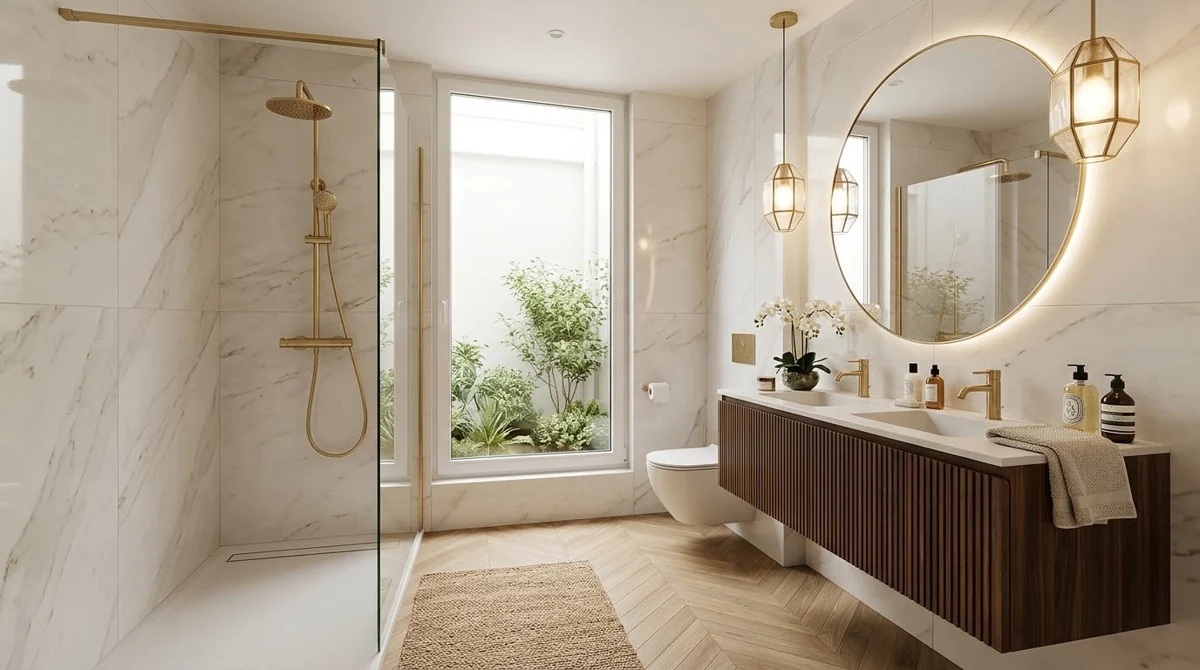 Salle de bains contemporaine avec douche vitrée, robinetterie dorée et meuble vasque en bois