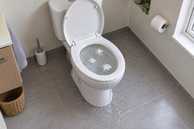 WC bouché vu de dessus, avec du papier toilette et un léger débordement d’eau